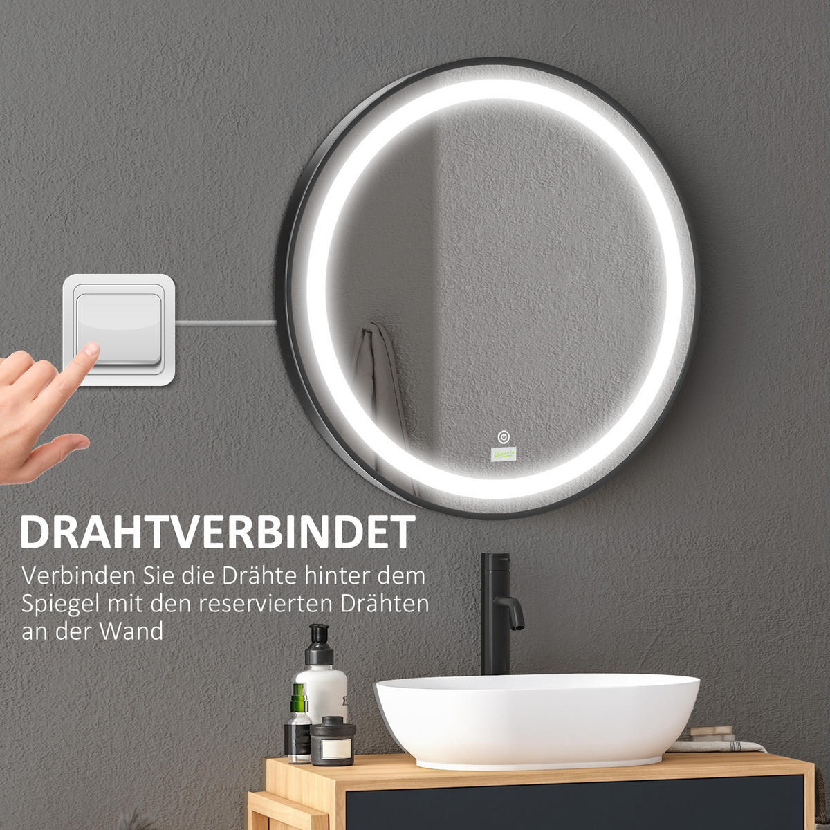 BADEZIMMERSPIEGEL, Ø60cm, mit 3 Lichtfarben, Memory-Funktion, IP44, Schwarz - Schwarz, Glas (60/4/60cm) - Kleankin