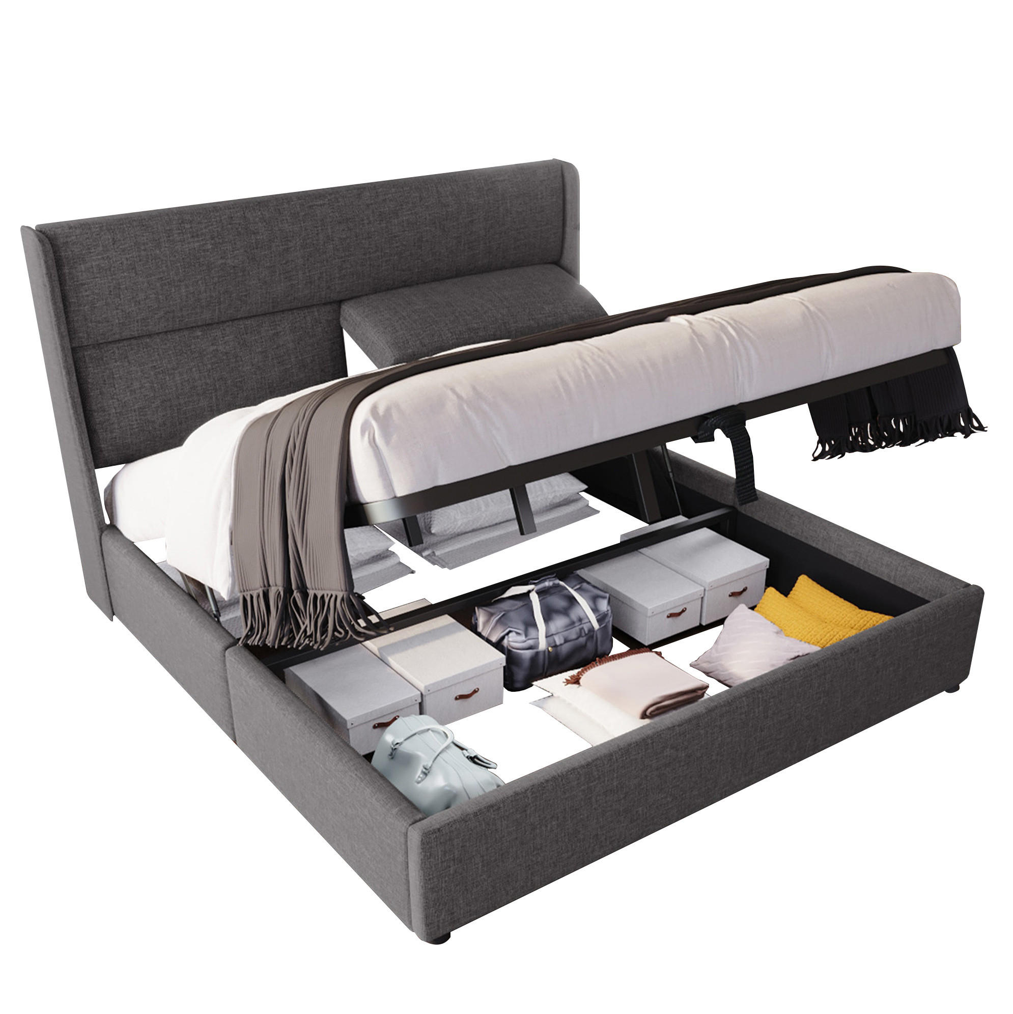 OKWISH ČALOUNĚNÁ postel 180/200 cm šedá z lnu s úložným prostorem a nastavitelným čelem