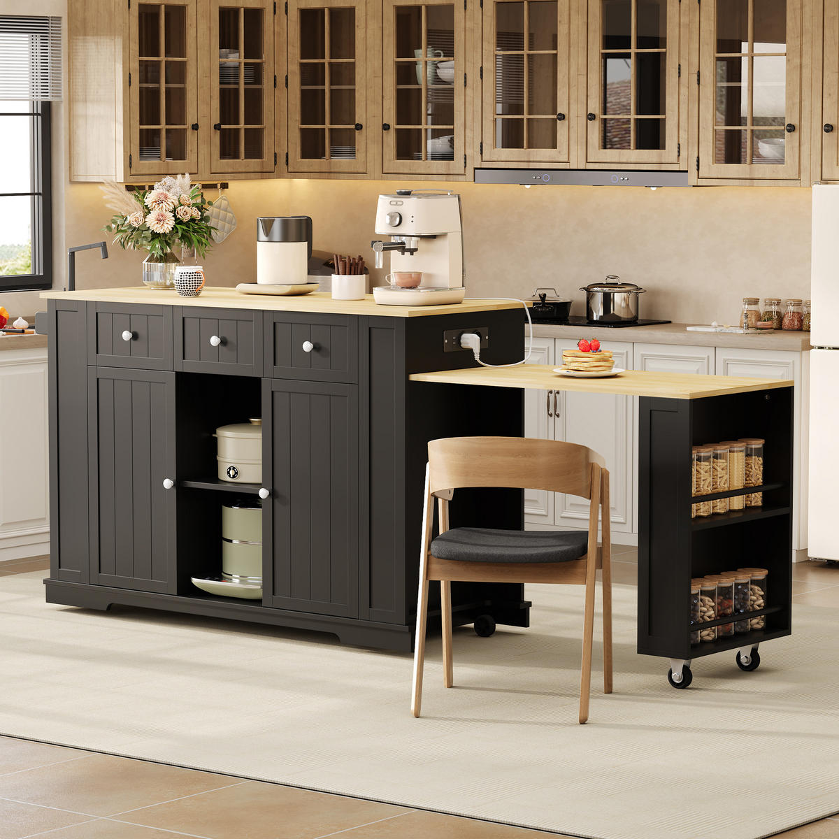 KÜCHENINSEL 93 cm MDF Schwarz Natur mit Ausziehtisch und USB-Steckdose - Schwarz, Holzwerkstoff (55/93/138cm) - Korfee