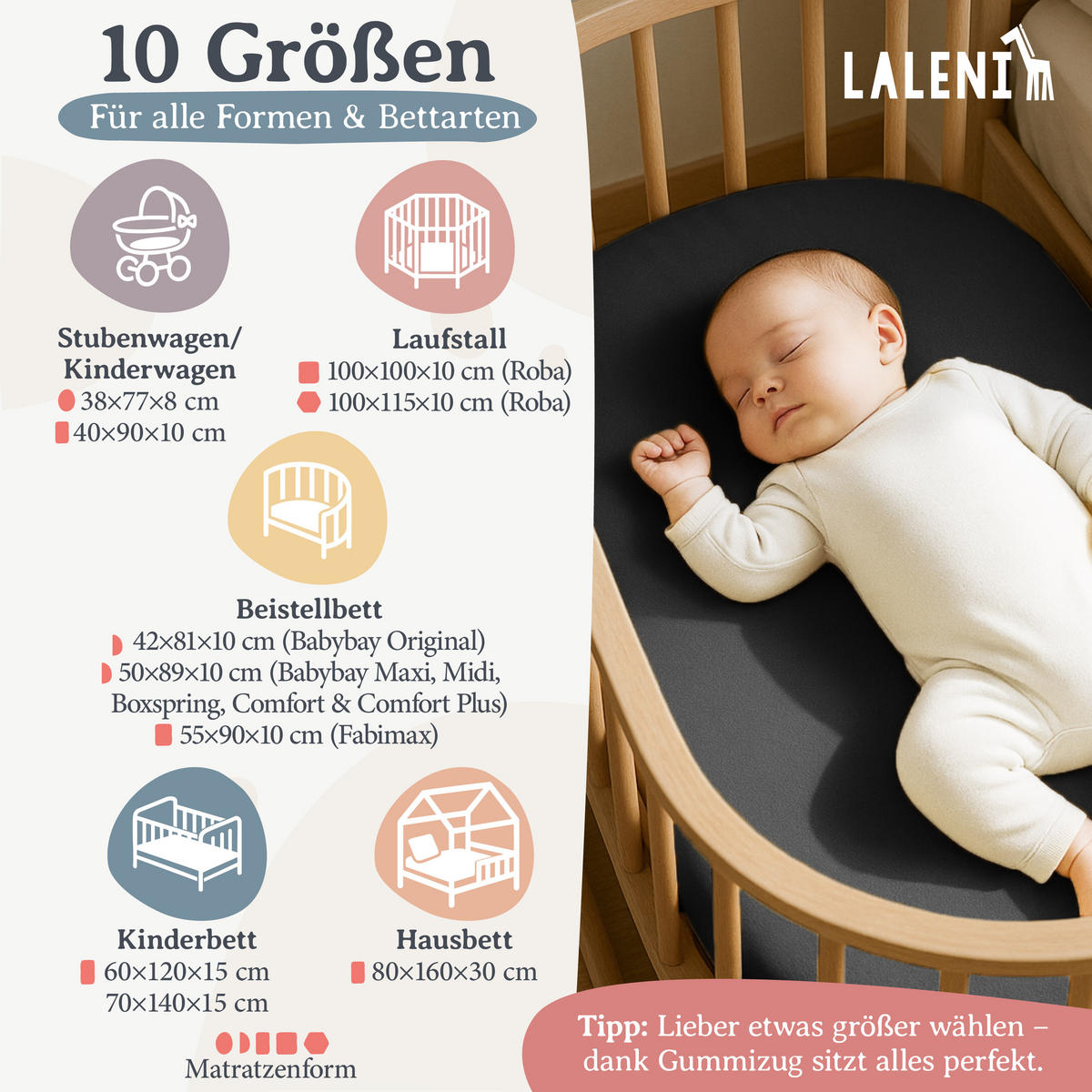 SPANNBETTLAKEN für Beistellbett & Stubenwagen – 100% Baumwolle, Atmungsaktiv & Weich, 50x89x10 cm, Anthrazit - Anthrazit, Textil (50/89cm) - Laleni