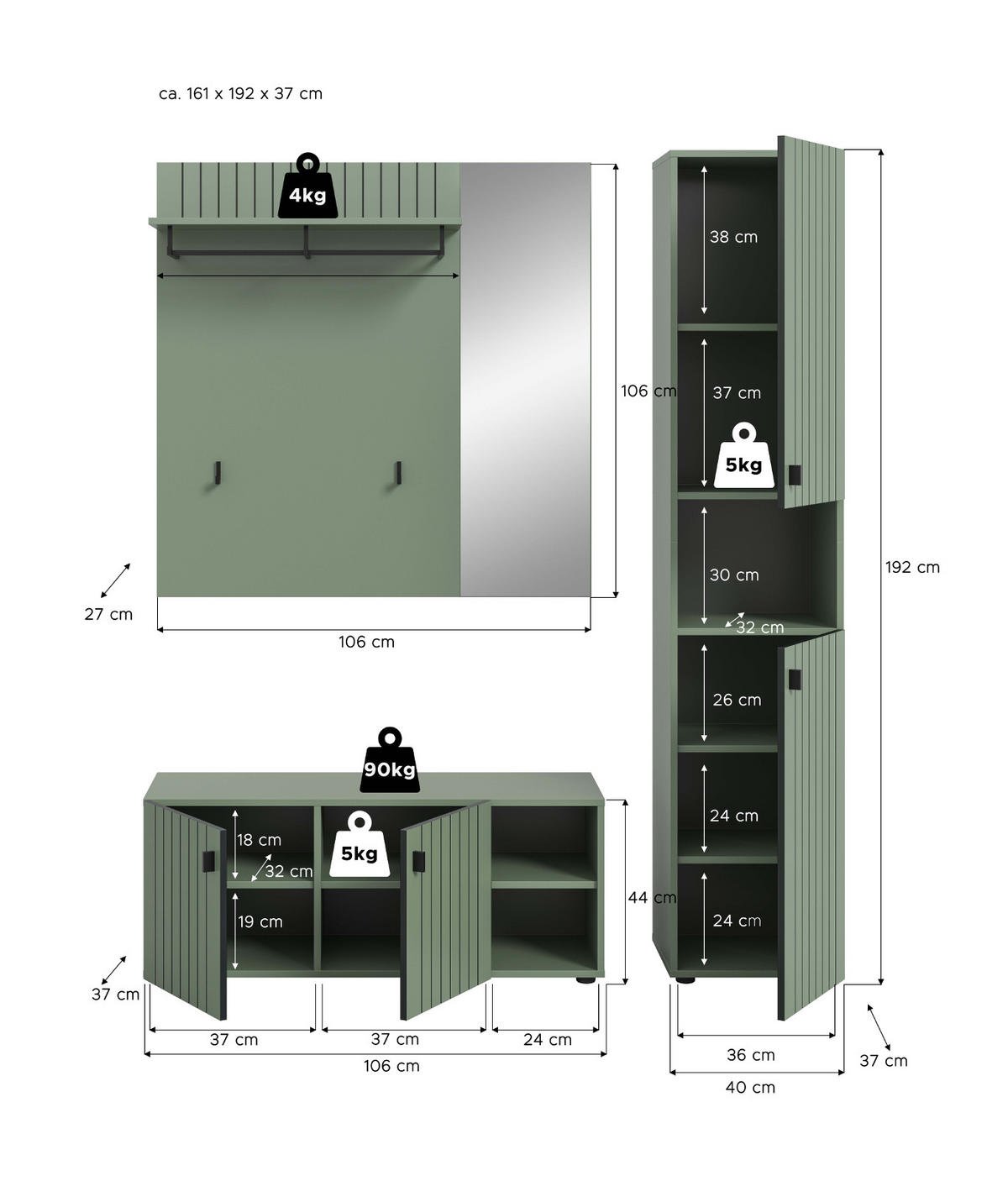 GARDEROBE-SET grün 3-teilig 161 cm, Flurschränke mit Rillen-Optik - Schwarz/Grün, Glas/Holzwerkstoff (161/192/37cm) - Inn.Furn