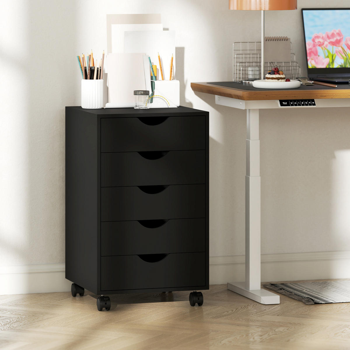 ROLLCONTAINER DE-14483 mit 5 Schubladen Schwarz - Schwarz, Holzwerkstoff (40/67/40cm) - ComfortXL
