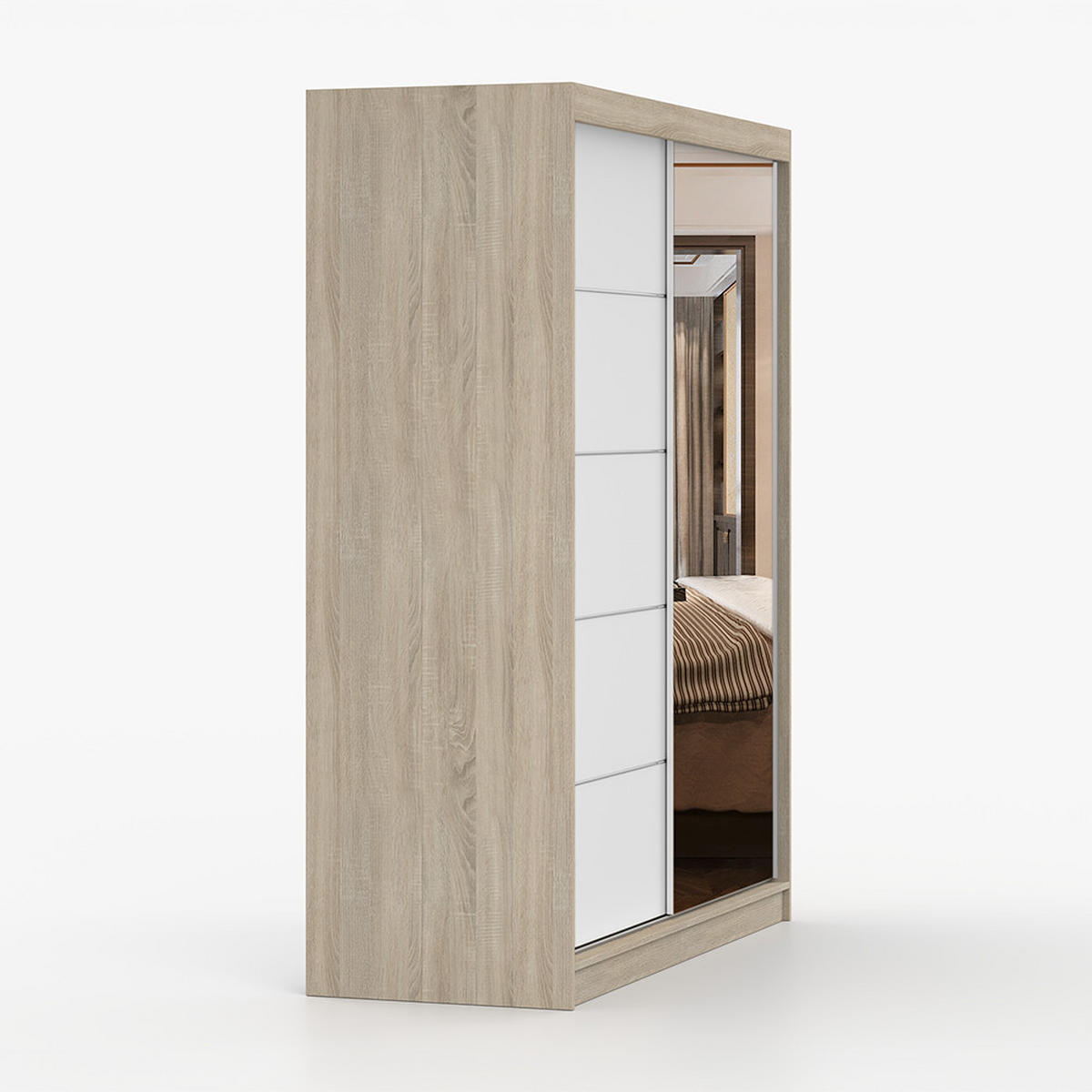 SCHWEBETÜRENSCHRANK BONO 05 Sonoma Eiche/Weiß mit Spiegel 160 cm - Alufarben/Weiß, Holzwerkstoff/Metall (160/195/61cm) - imoebel24