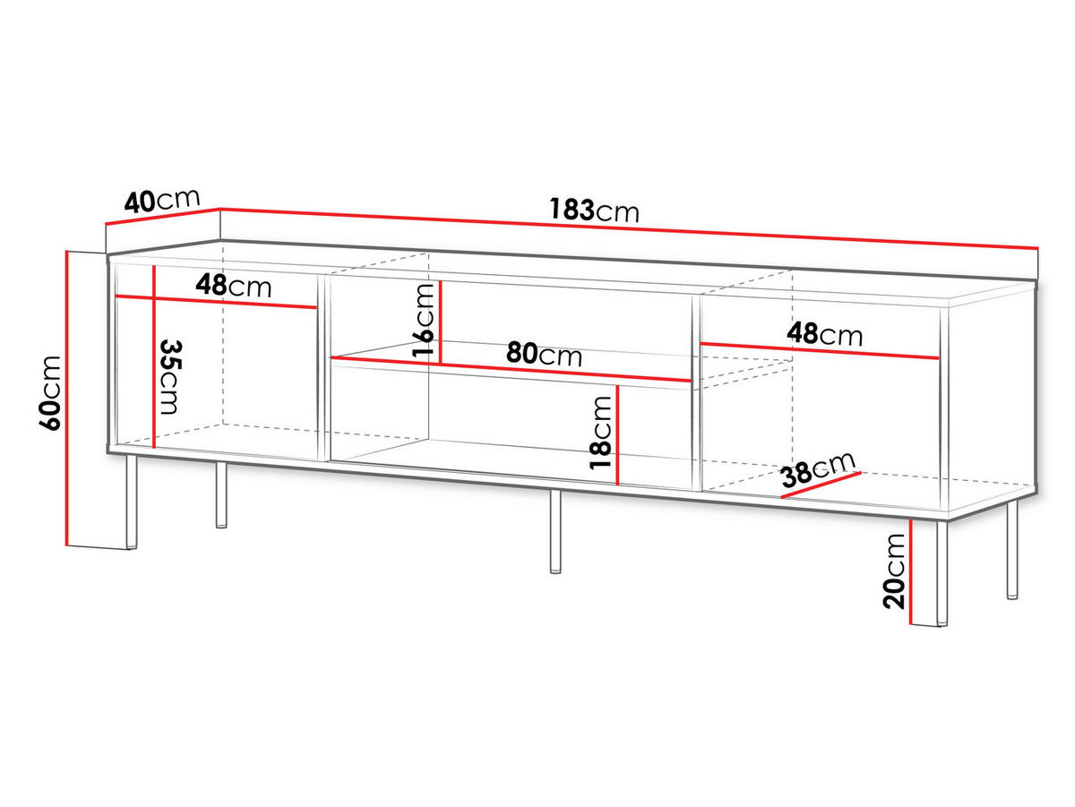 TV-LOWBOARD Domi 180 2D EF - Eichefarben/Schwarz, Holzwerkstoff/Metall (183/60/40cm) - MIRJAN24