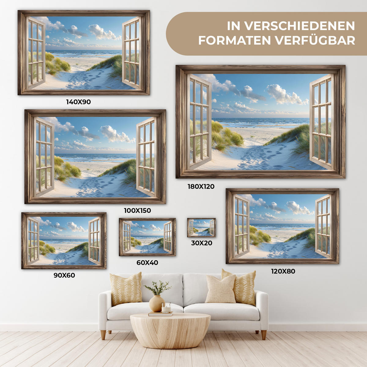 LEINWANDBILD Aussicht - Strand - Fenster - Dünen - Meer Gemälde 60x40 cm - Hellblau, Textil (60/40cm) - MuchoWow