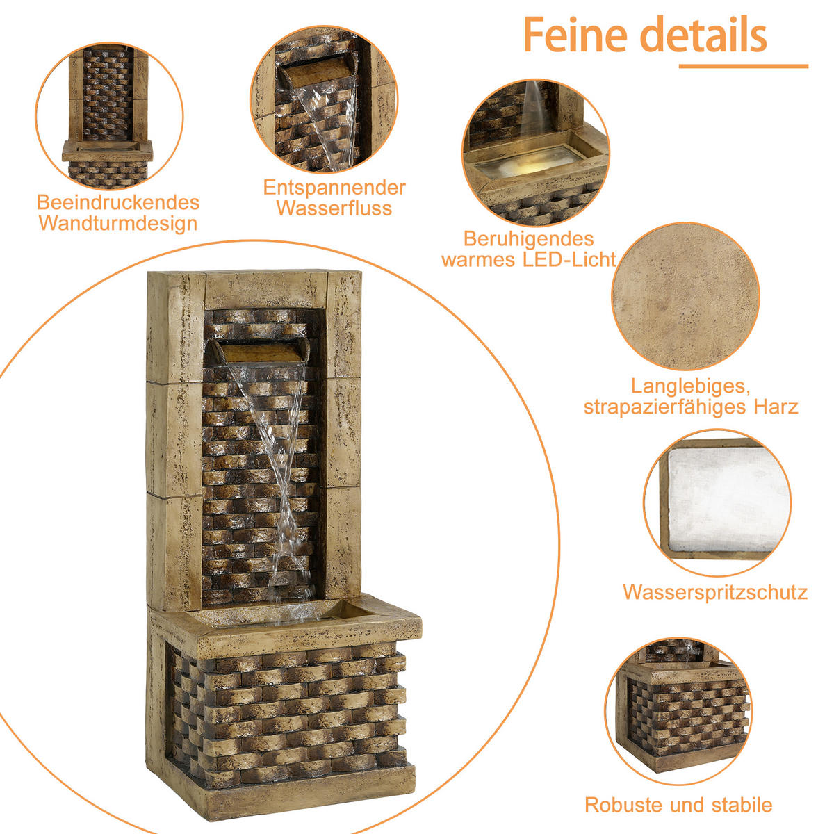 GARTENBRUNNEN Antik 230V Wasserfall Standbrunnen Quadratisch - Braun, Naturmaterialien (37/31.5/89cm) - FLIEKS
