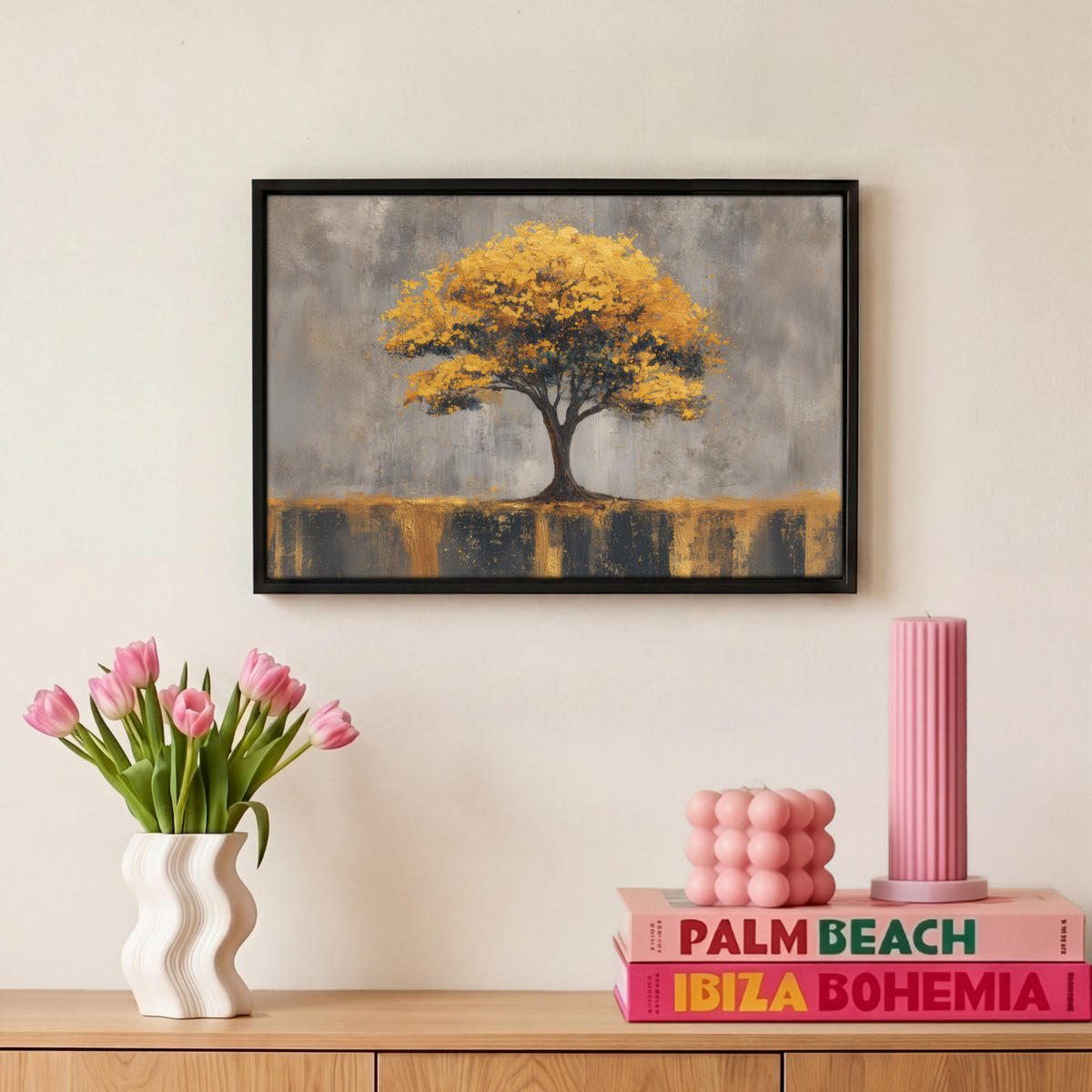 LEINWAND Bilder mit Rahmen - Baum - Blätter - Gold - Abstrakt - 30x20 - Grau, Textil (30/20cm) - MuchoWow