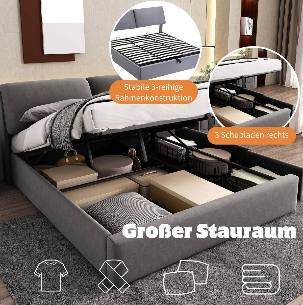 POLSTERBETT 180/200 cm grau aus Samt mit Bettkasten und 3 Schubladen - Grau, Textil (180/200cm) - OKWISH