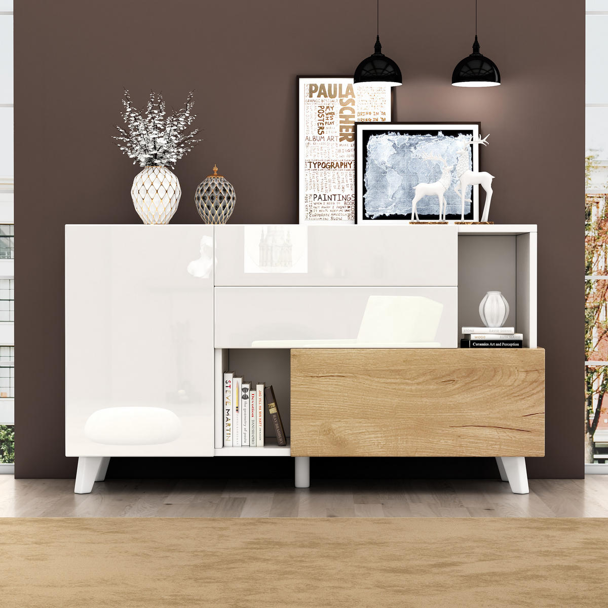 SIDEBOARD Weiß Holz Hochglanz Modern Stauraum Esszimmer - Multicolor, Holzwerkstoff (40/70/130cm) - FLIEKS
