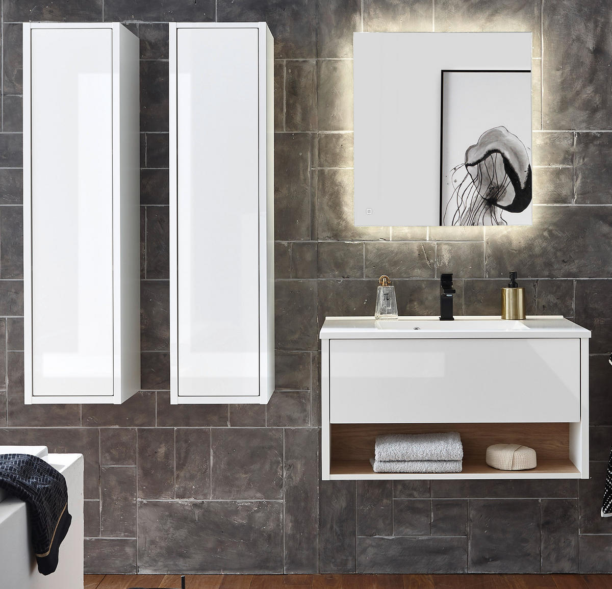 BADMÖBEL-SET weiß Hochglanz, Eiche mit Waschbecken und LED Beleuchtung 160 cm - Weiß Hochglanz/Eichefarben, Glas/Holzwerkstoff (160/190/47cm) - Furn.Design