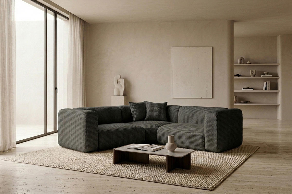 ECKSOFA Modulares, Corner mini, Chenille-Stoff Cremona, Anthrazit, GRETA - Anthrazit, Holz (380/190cm) - Kaiser Möbel