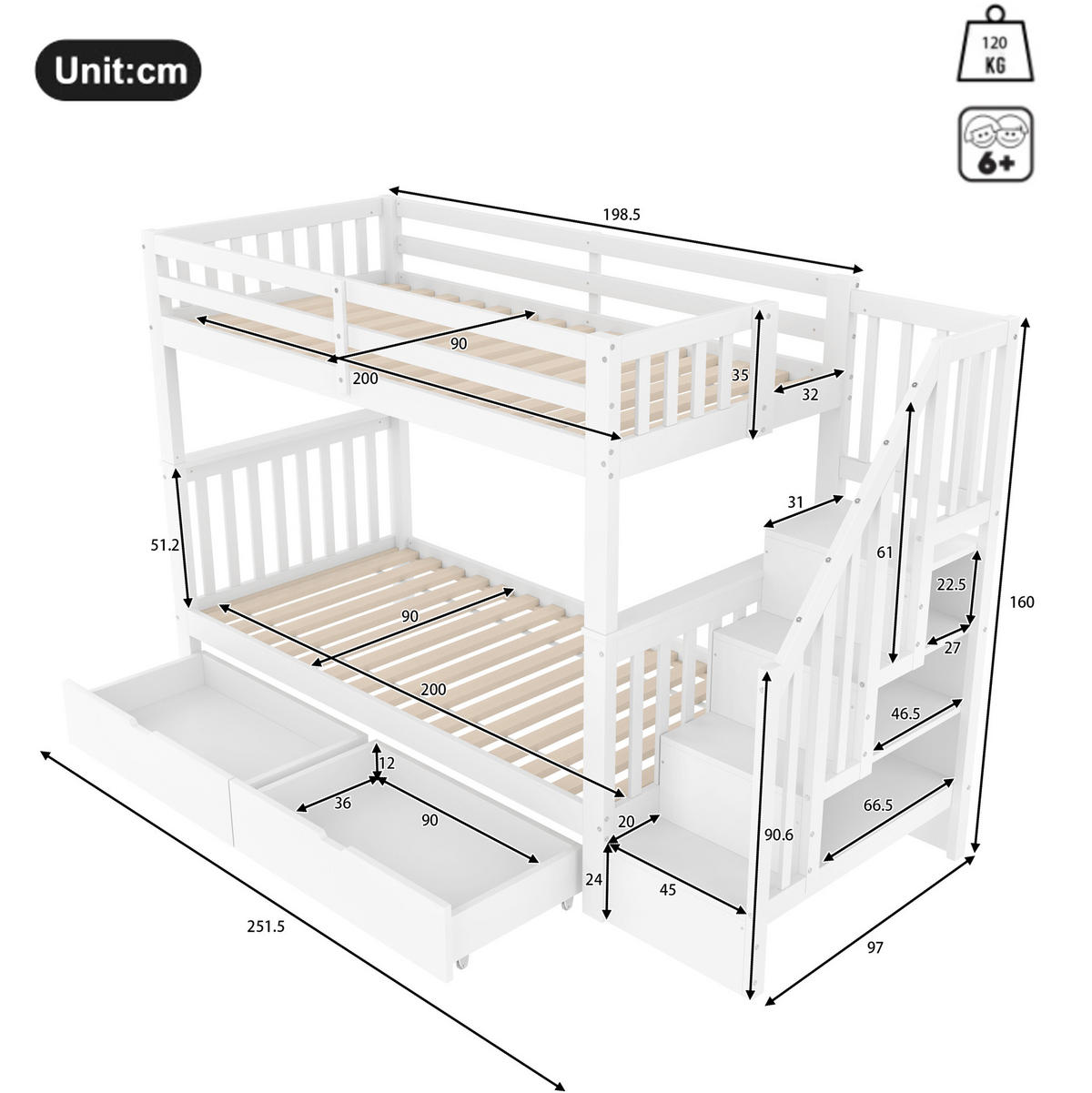 ETAGENBETT aus Kiefernholz und MDF 90x200 cm Weiß mit Treppenregal, 2 Schubladen und hohem Sicherheitsgeländer - Weiß, Holzwerkstoff (90/200cm) - Modfu
