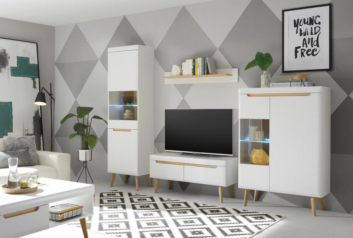 WOHNWAND 4-teilig weiß matt, Eiche, skandinavisch 290 cm, Wohnkombination mit Soft-Close-Funktion - Eichefarben/Weiß, Glas/Holz (290/197/40cm) - Furn.Design
