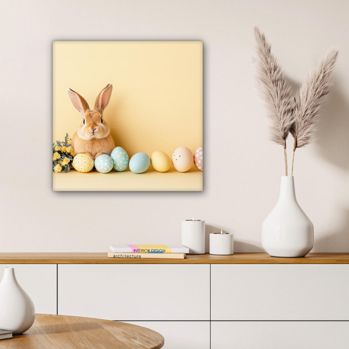 LEINWANDBILD Eier - Kaninchen - Pastellfarbtöne Wandbild Wohnzimmer 50x50 cm - Hellgelb, Textil (50/50cm) - MuchoWow