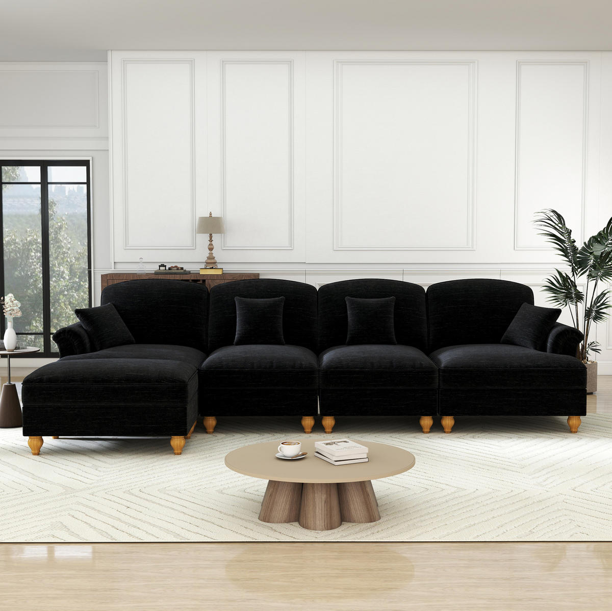 ECKSOFA 350/140/93 cm schwarz aus Chenille mit Rüschenrock und beweglichem Hocker - Schwarz, Textil (140/350cm) - OKWISH