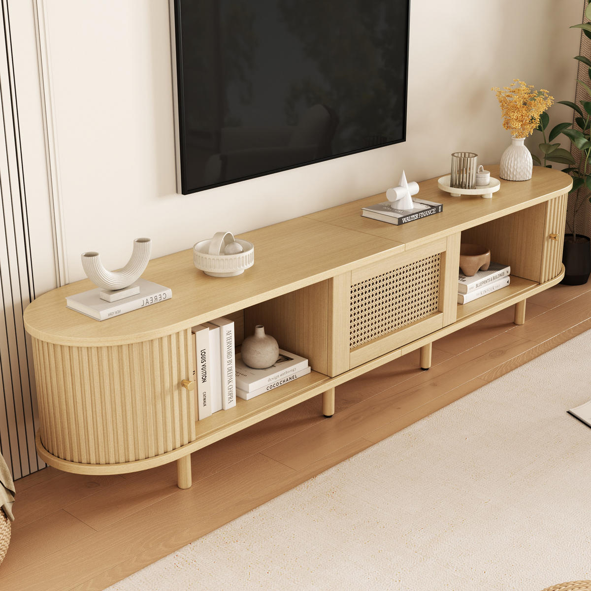 TV-ELEMENT180X40X40CM Fernsehtisch Lowboard Rattan-Optik Schiebetüren Holzfarbe - Naturfarben, Holz (49.5/14.5/120cm) - Raelunyi