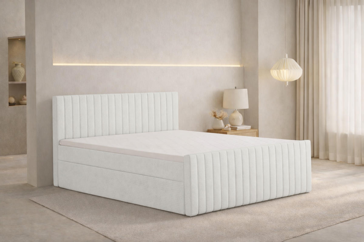 BOXBETT Mit Matratze Und Bettkasten, Chenille-Stoff Flow, Ecru, 120x200 cm, H2-Pocket, DEMETER - Ecru, Holz (120/200cm) - Kaiser Möbel