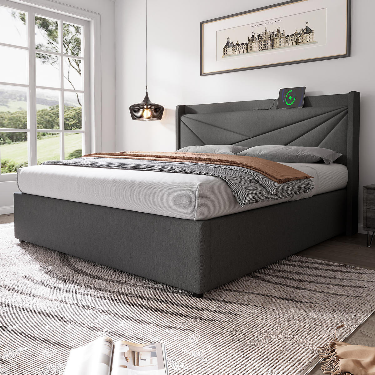 POLSTERBETT 160/200 cm mit Bettkasten, USB-C und gepolstertem Kopfteil - Grau, Textil (160/200cm) - BEAOK