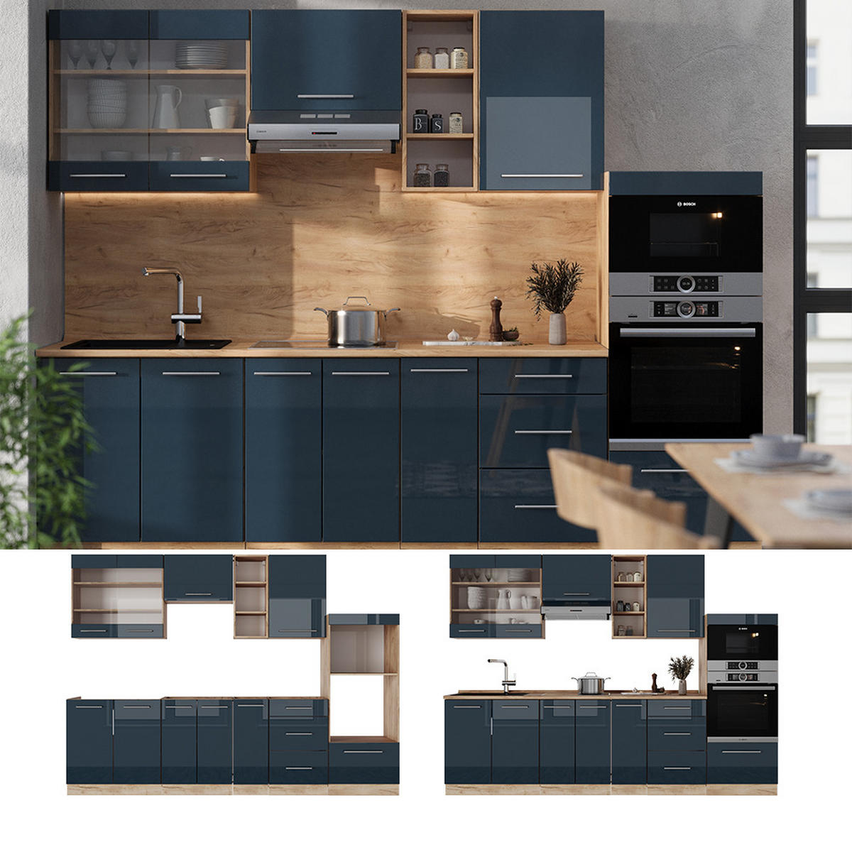 KÜCHENZEILE Fame-Line Dunkelblau Hochglanz/Goldkraft Eiche 280 cm AP Anthrazit - Eiche Wotan/Dunkelblau, Holzwerkstoff (280/81.6/60cm) - Vicco