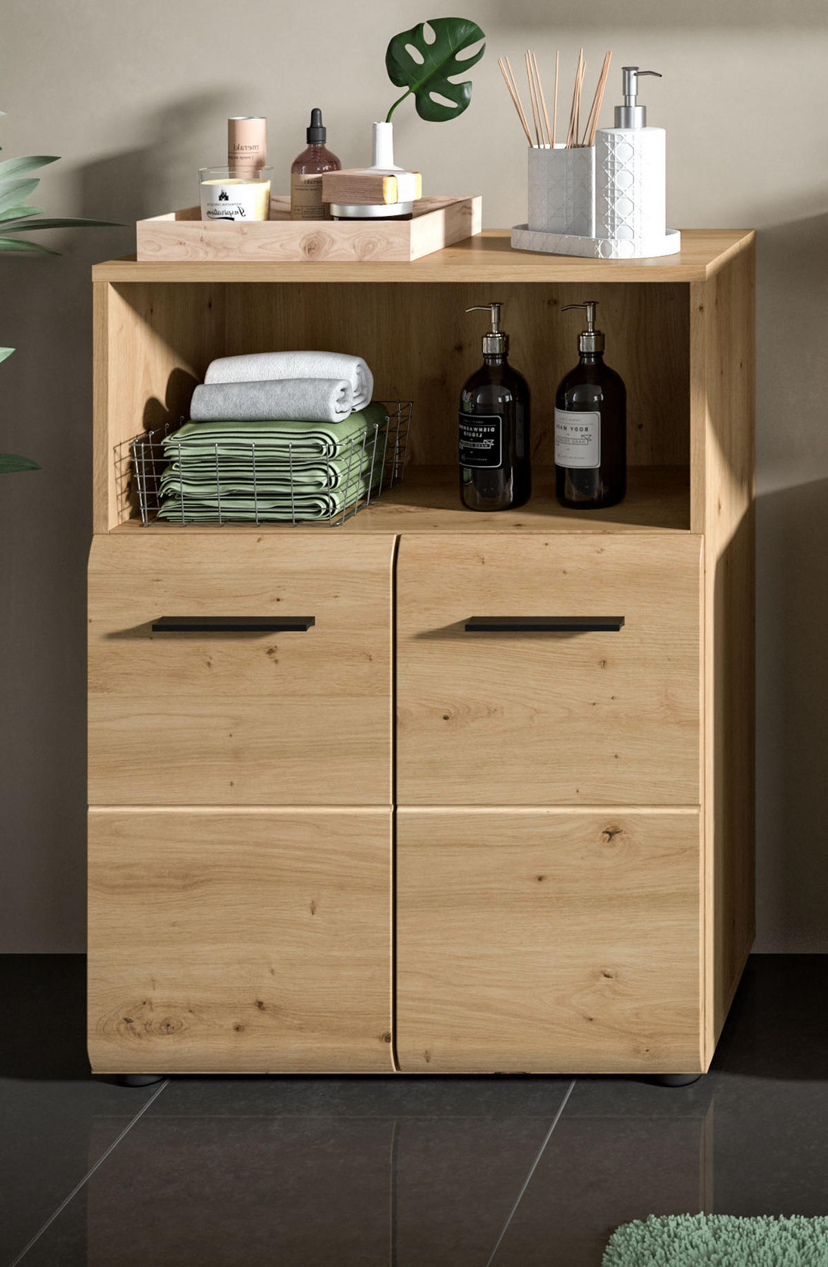 MIDISCHRANK in Eiche Artisan, Badezimmer Kommode 2-türig, 60 x 80 cm - Schwarz/Eiche Artisan, Holzwerkstoff/Kunststoff (60/80/30cm) - Inn.Furn