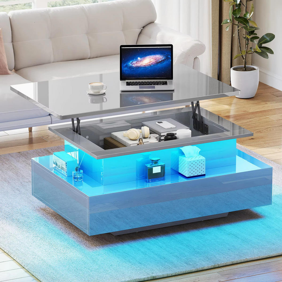 COUCHTISCH Höhenverstellbar LED Hochglanz mit Schubladen Stauraum - Grau, Holz (85/55/56cm) - Kaket