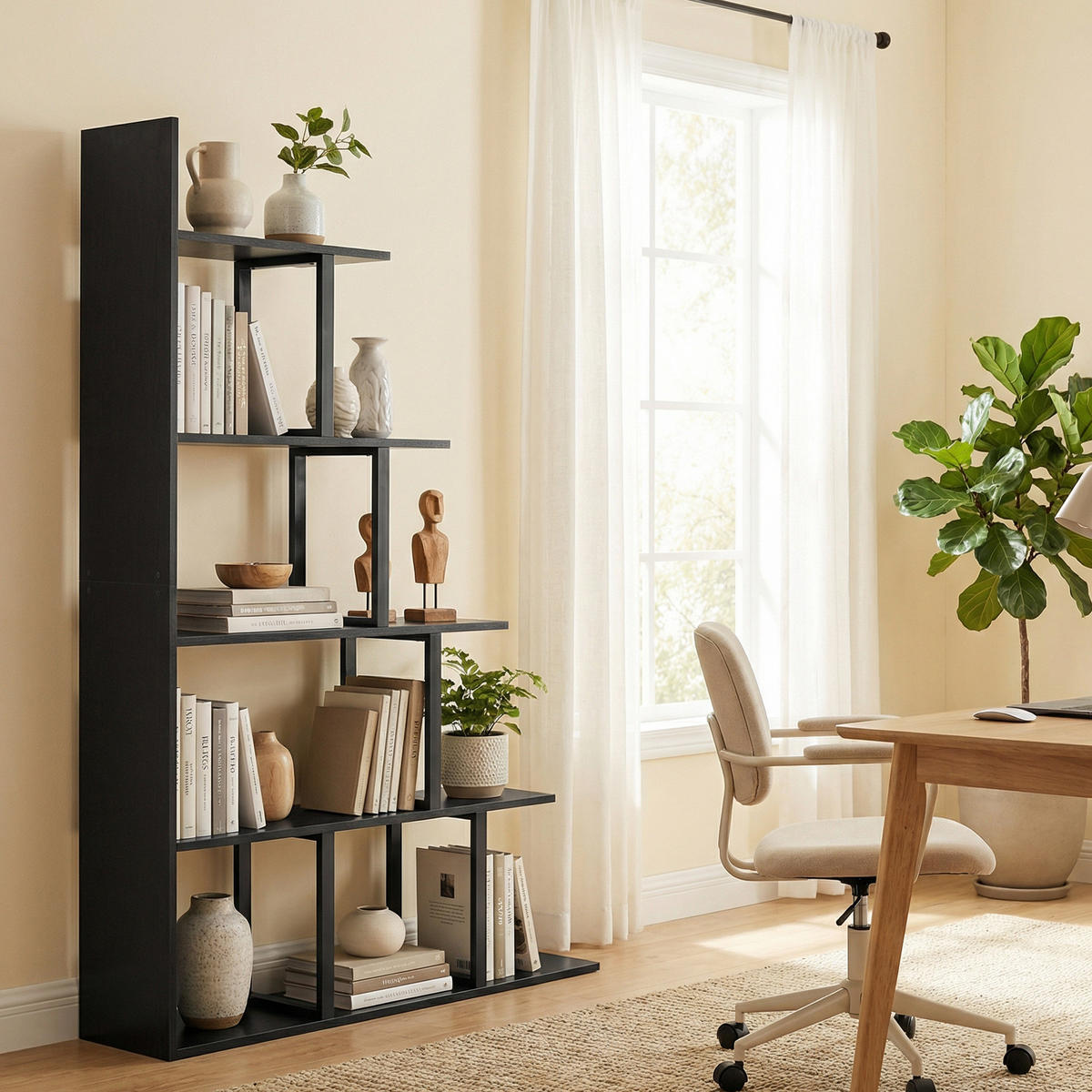 RAUMTEILER-STUFENREGAL,INDUSTRIESTIL 5 Ablagen 102x30x160cm,schwarz - Schwarz, Holzwerkstoff (102/160/30cm) - Vallsero