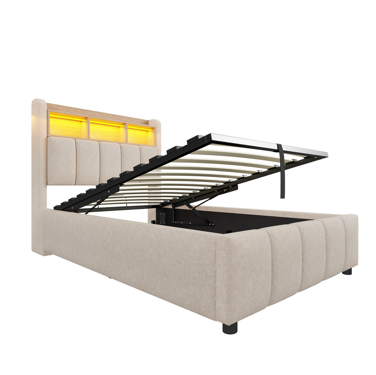 POLSTERBETT mit Stauraum, LED und USB 90x200 cm Beige - Beige, Metall (90/200cm) - Meubliv