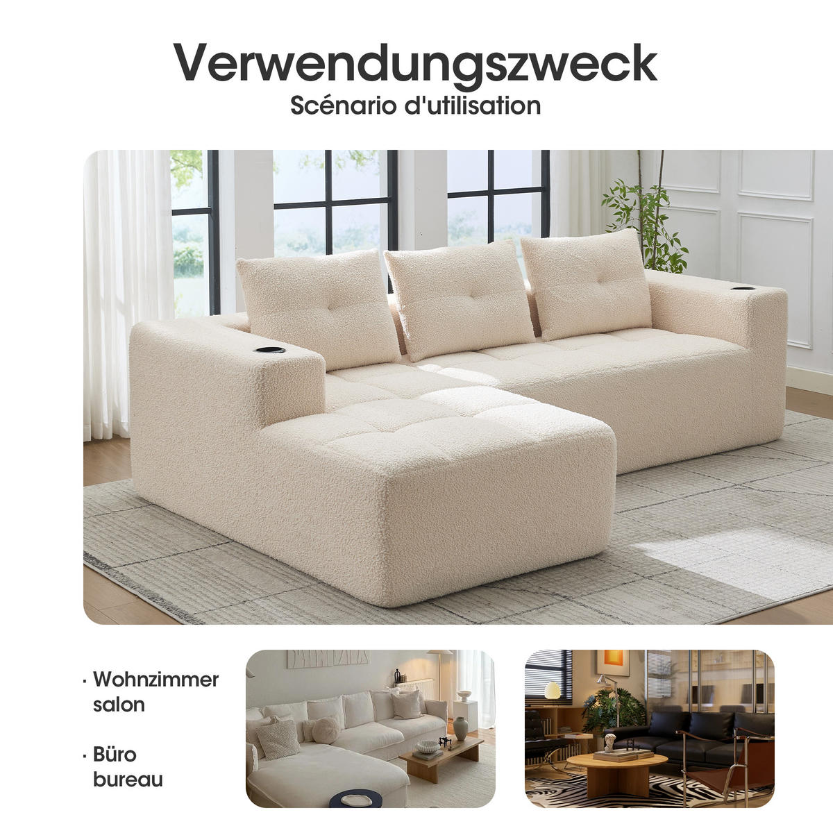 ECKSOFA chenille L-form mit getränkehaltern & 3 kissen - Beige, Textil (258/163cm) - Urban Meuble