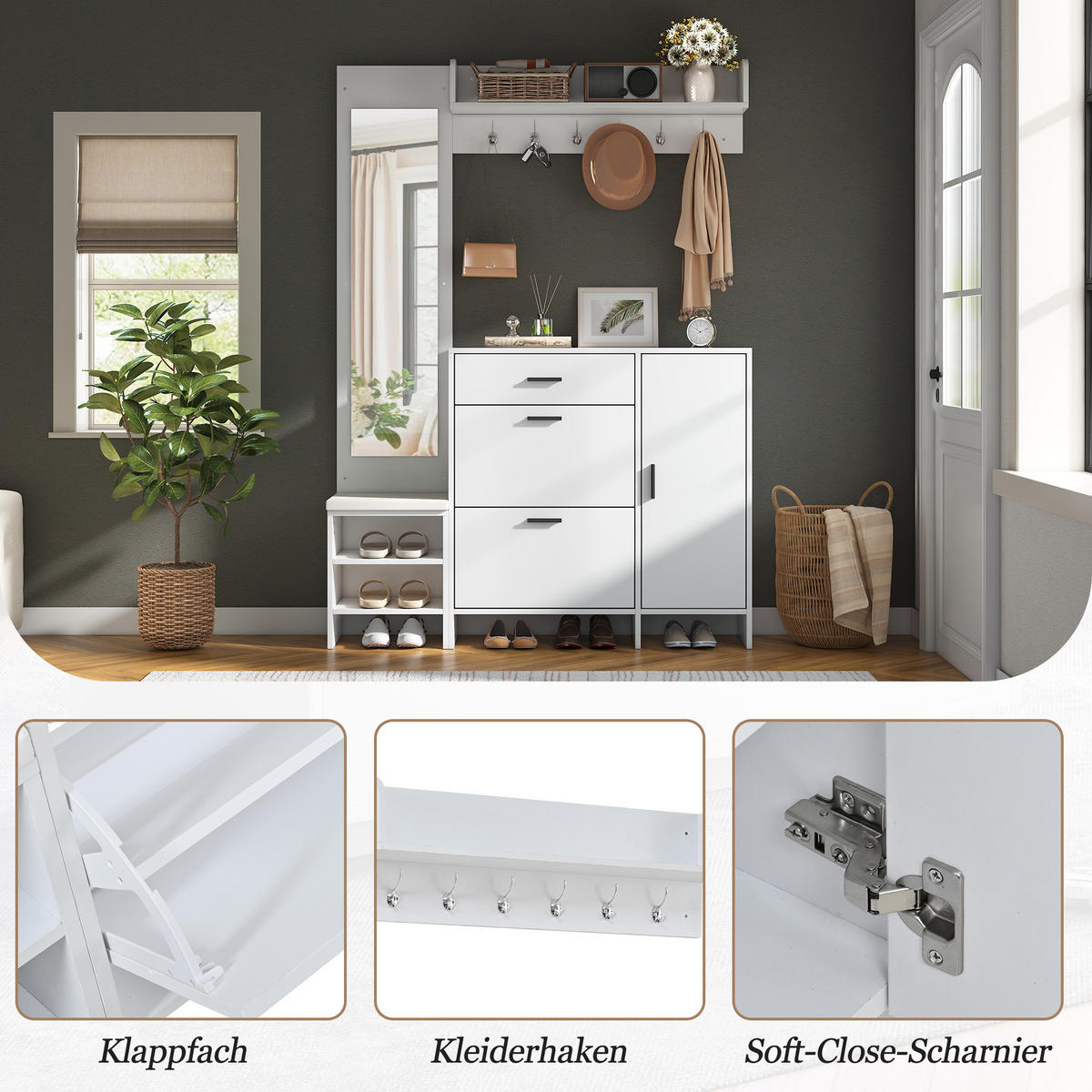 GARDEROBENSCHRANK mit Schuhschrank Spiegel und Schuhwechselbank mit Stauraum Weiß 140/30/200 cm - Weiß, Holzwerkstoff (140/200/30cm) - EVRYAE