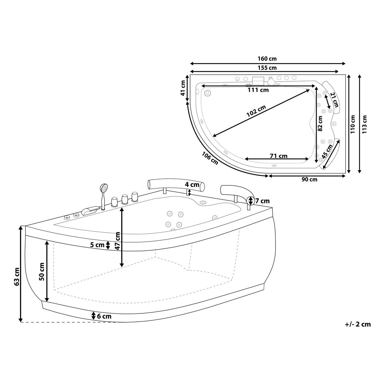 WHIRLPOOL-BADEWANNE mit LED 113x160x63 cm schwarz Paradiso - Schwarz, Kunststoff (113/63/160cm) - Beliani