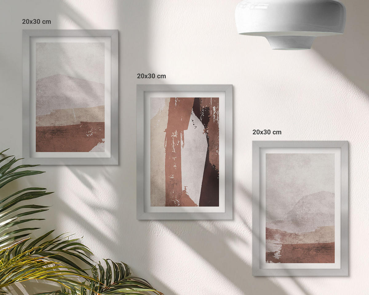 WANDBILDER 3er Set - 20x30 cm Silberner Rahmen - Braun-beige abstrakte Muster - Silberfarben, Kunststoff (20/30cm) - ArtPrintCave