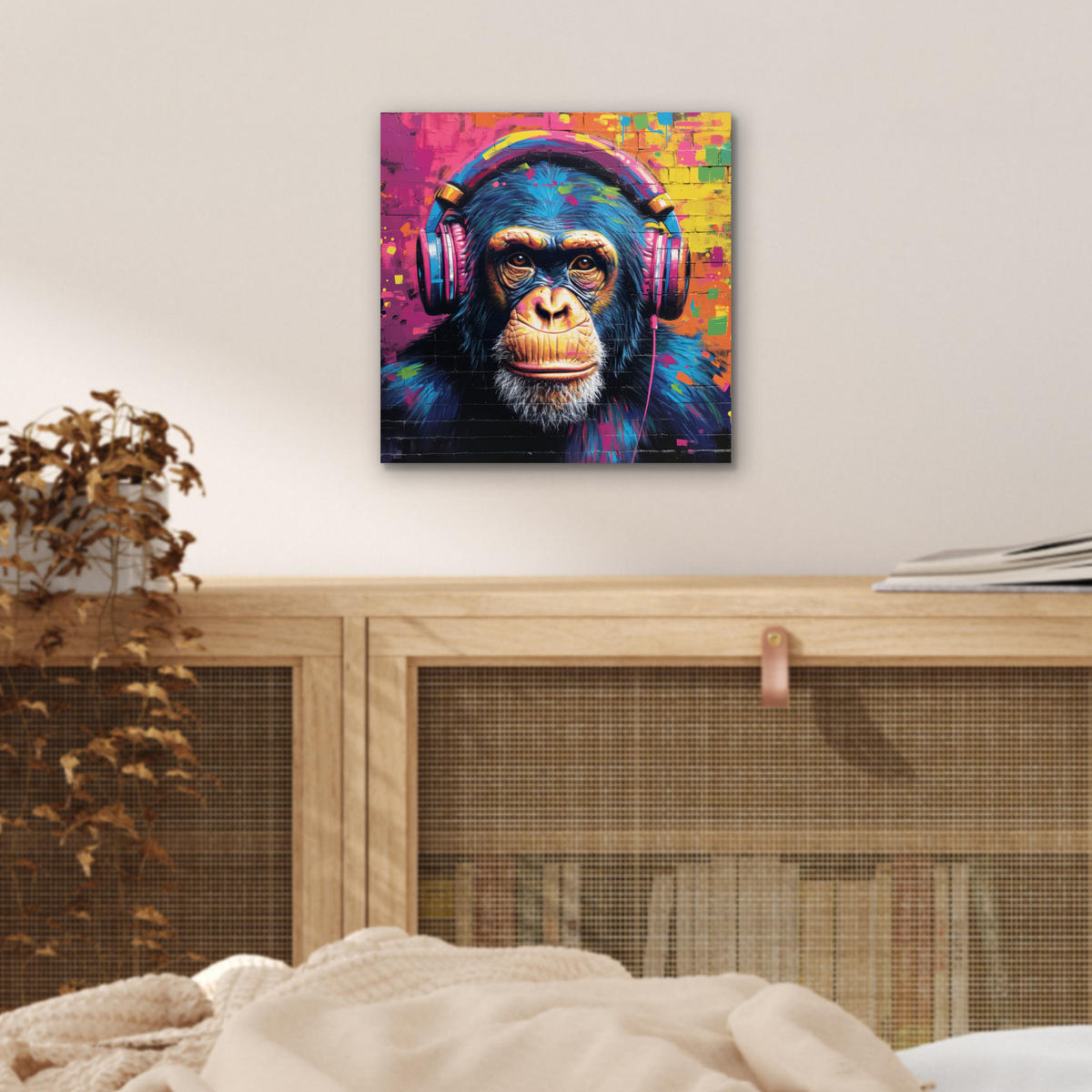 KOVOVÝ OBRAZ Graffiti - Šimpanz - Street art - Slúchadlá - Opica 20x20 cm - modrá, kov (20/20cm) - MuchoWow