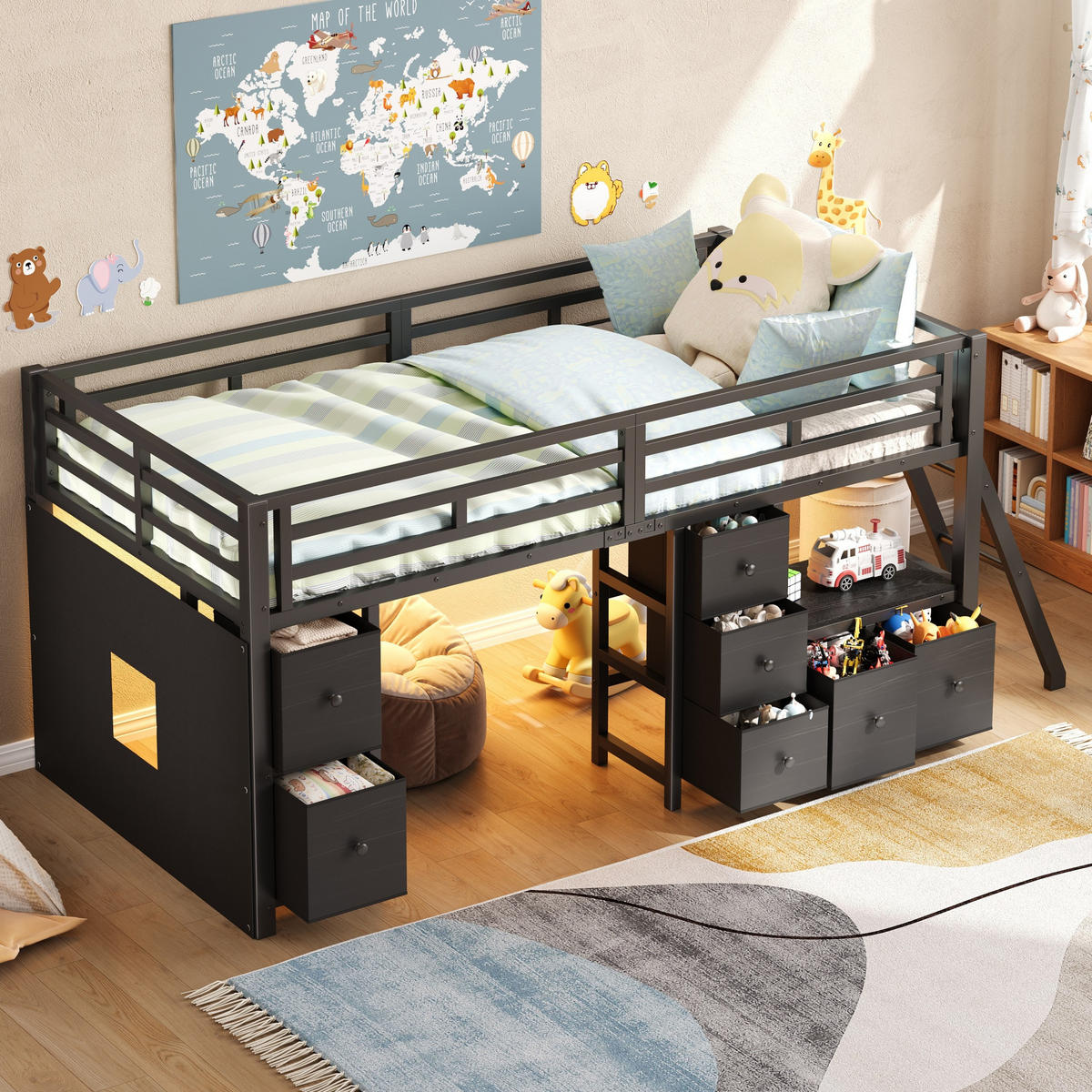 HOCHBETT 90/200 cm in Schwarz mit 7 Schubladen, offenem Regal, LED und Schutzgittern - Schwarz, Holzwerkstoff/Metall (90/200cm) - STILVORA