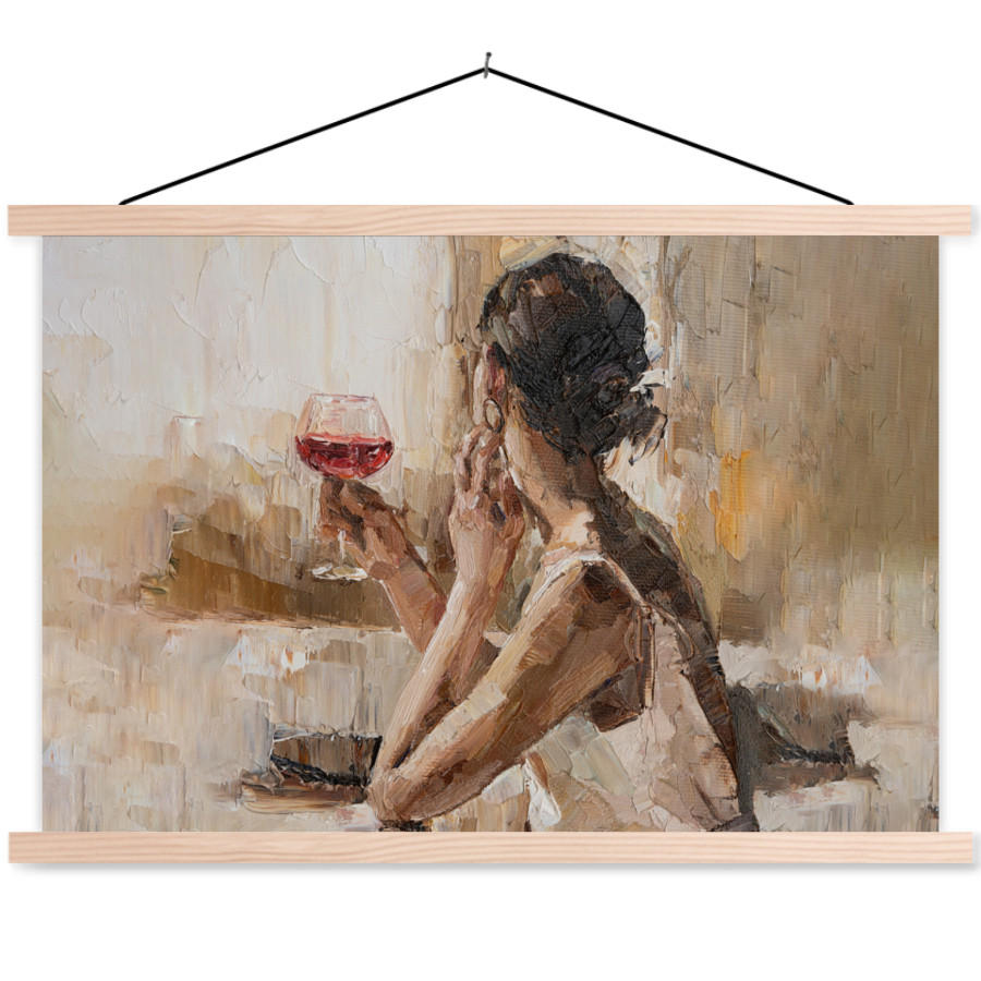 POSTER Ölgemälde - Frau - Wein 90x60 cm - Hellbraun, Textil (90/60/0.15cm) - MuchoWow
