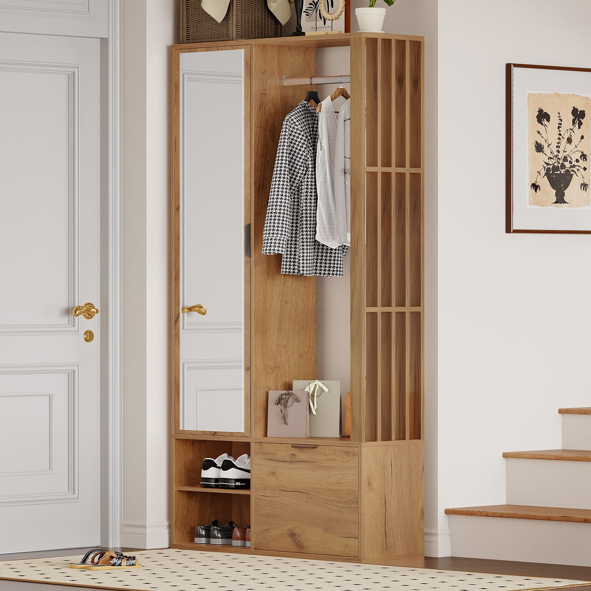 BUFFET Flur Garderobenschrank mit Spiegel und Kleiderständer Stauraum 100/33/190 Multifunktion Spanplatte - Naturfarben, Holzwerkstoff (33/100/190cm) - EVRYAE