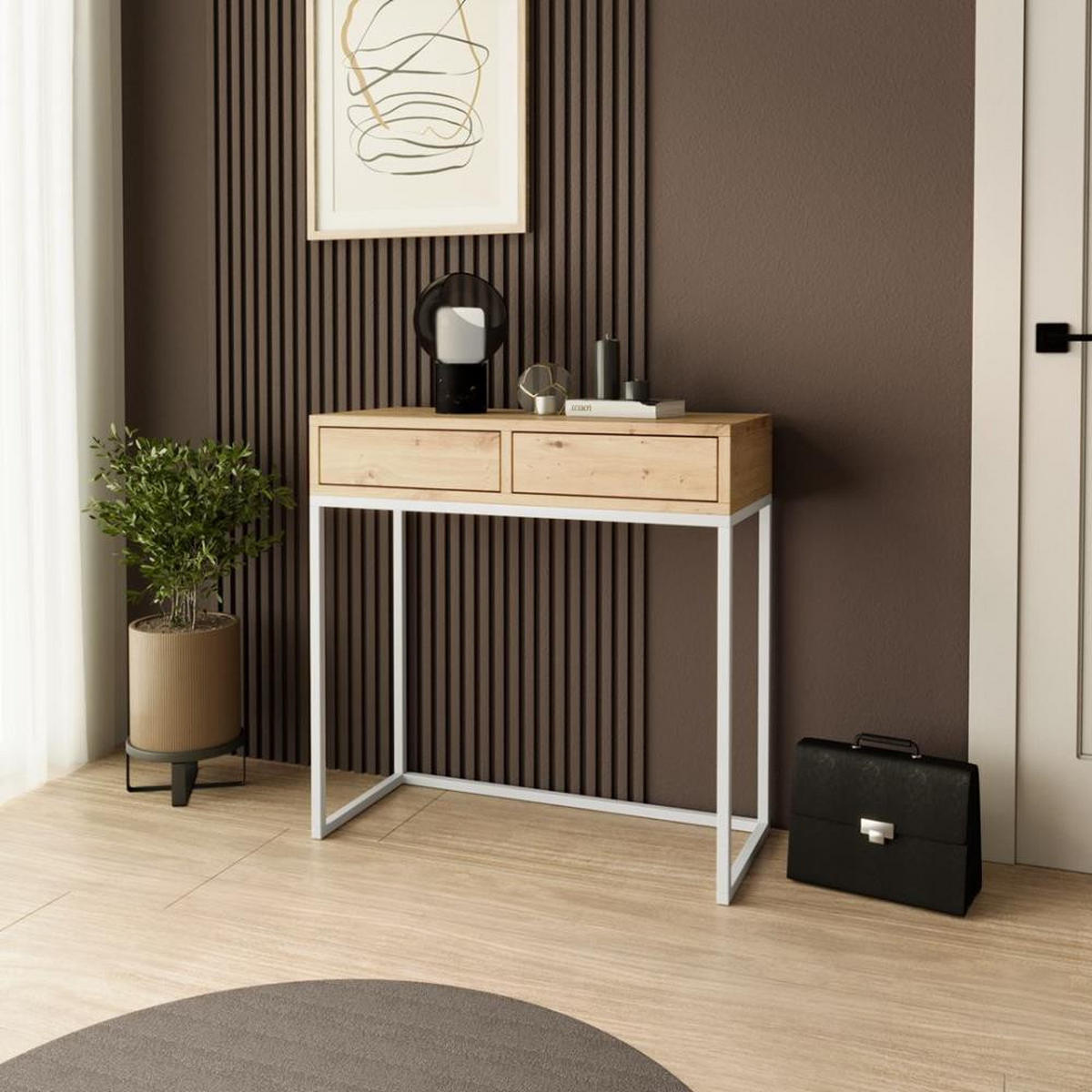 KONSOLENTISCH Lango 80/85/35 eiche Artisan mit weißen Metallbeinen - Weiß/Eiche Artisan, Holzwerkstoff/Metall (35/80/85cm) - Beautysofa