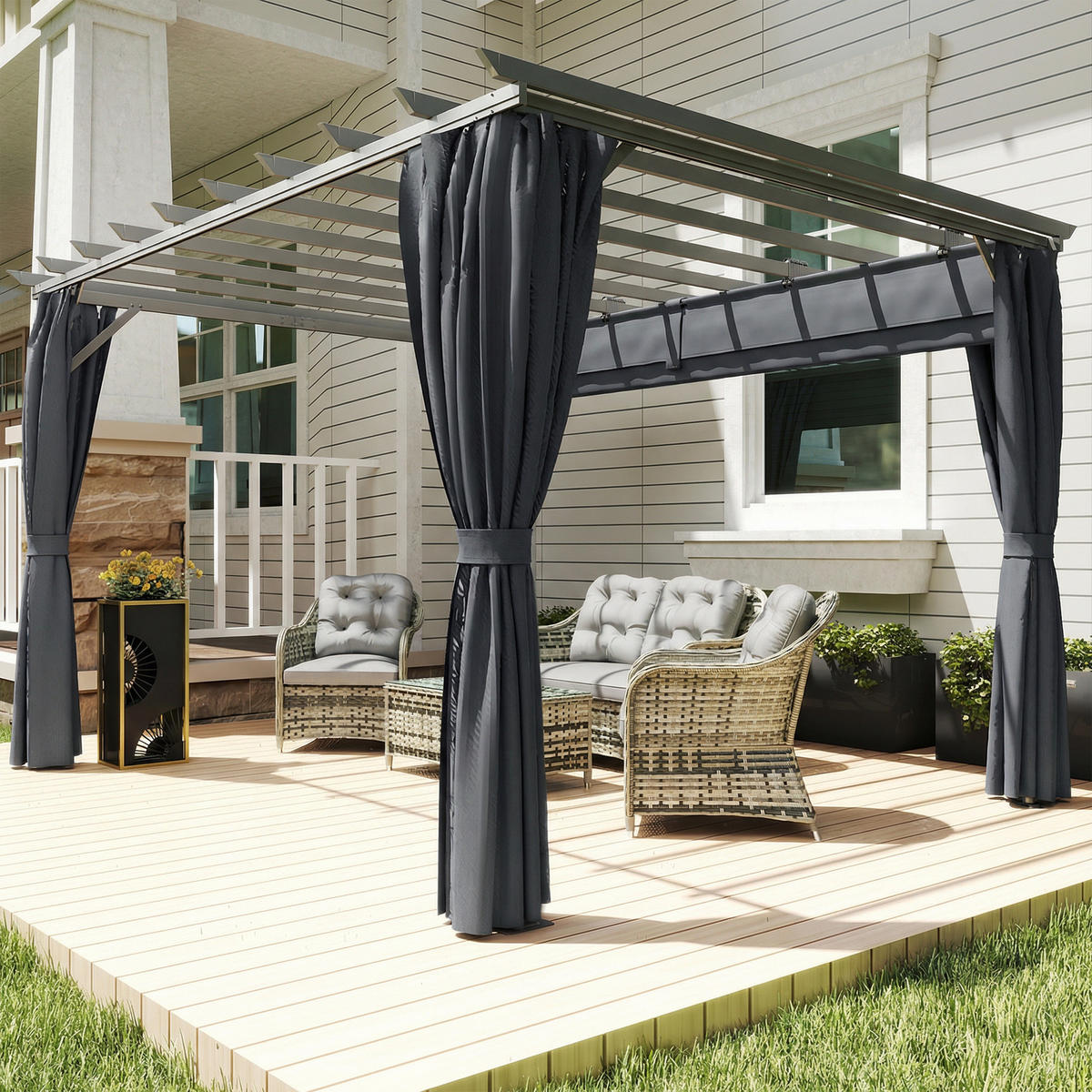 PERGOLA ca. 3,6x3 m Garten Pavillon Terrassenüberdachung aus Aluminium Gartenpavillon mit verstellbares Dach Dunkelgrau - Dunkelgrau, Metall (357/225/293cm)