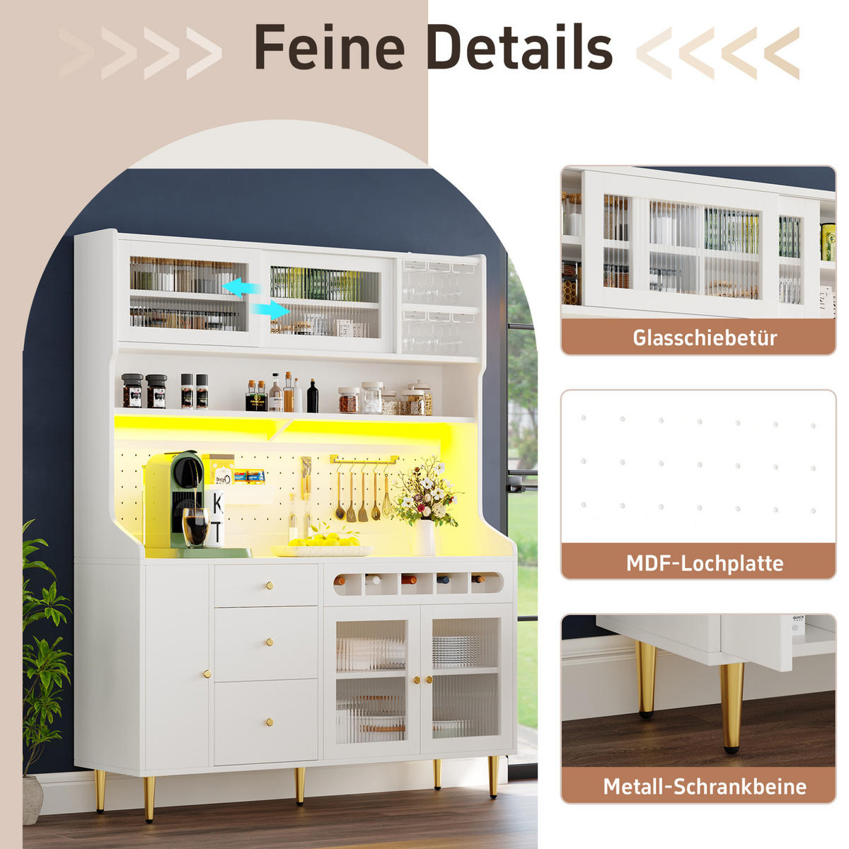 BUFFET 145/39/171 cm Weiß aus MDF mit LED und Weinregal - Weiß, Glas (145/171/39cm) - OKWISH