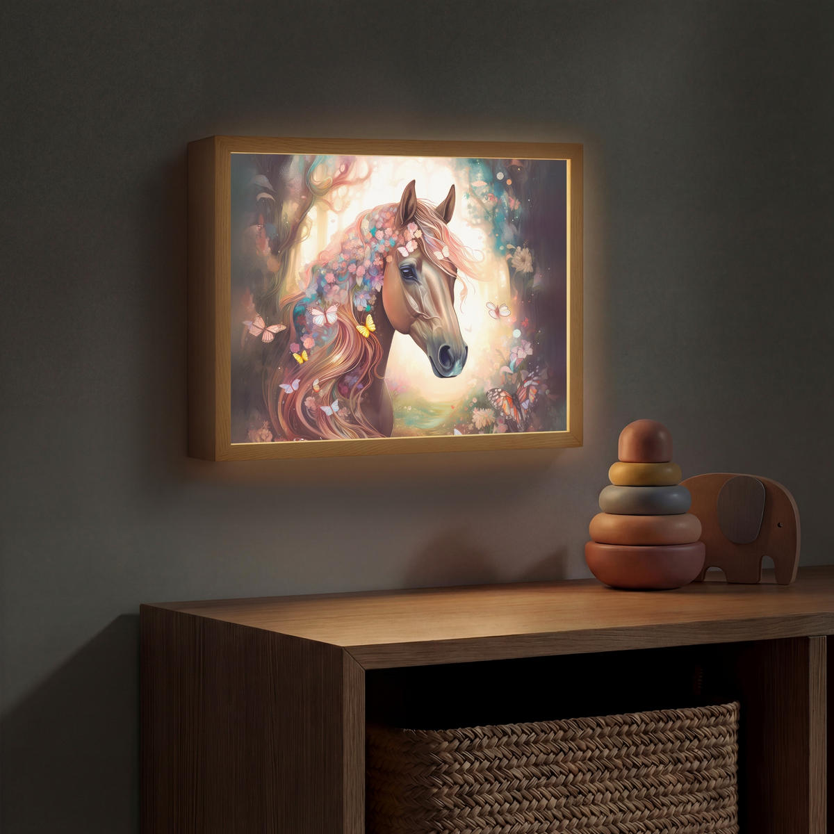 NÁSTĚNNÁ LAMPA S AKUMULÁTOREM Kůň - Příroda - Květiny - Motýli - Les 40x30 cm - tmavě hnědá, kompozitní dřevo (40/30/8cm) - OnlyWow