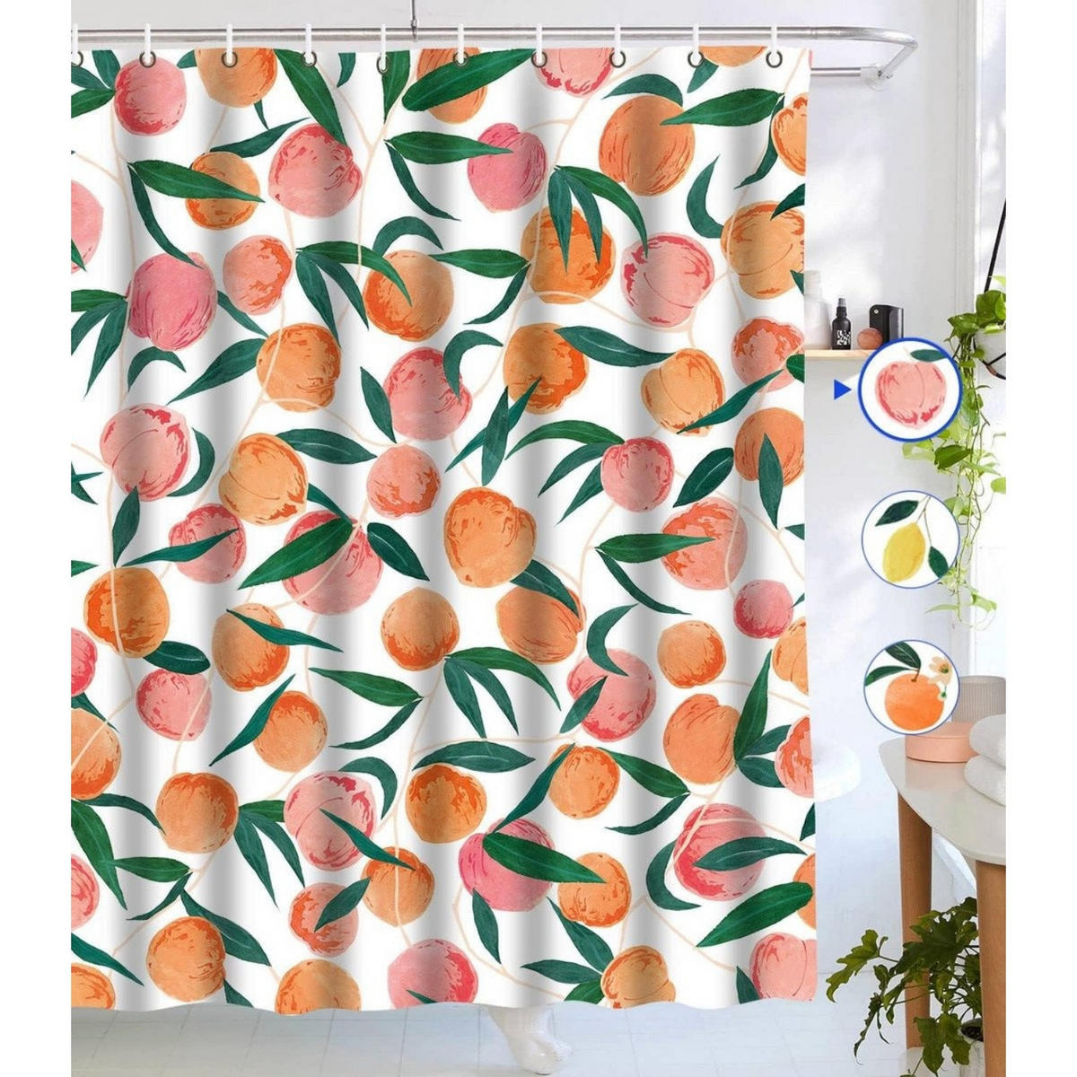 DUSCHVORHANG Bunt Pfirsich Obst Polyester 180 x 180 cm wasserdicht mit Haken - Orange/Grün, Textil (180/180cm) - MCBOSON