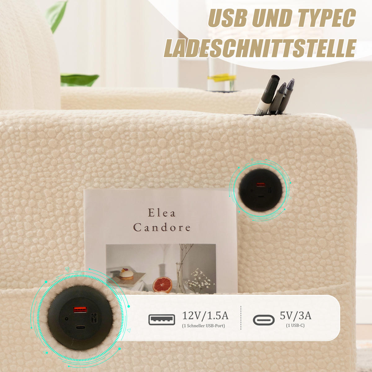 ZWEISITZER Sofa Chenille mit USB-Anschluss und LED-Licht 203/77,5/86 cm Beige - Beige, Textil (77.5/86/203cm) - Redom