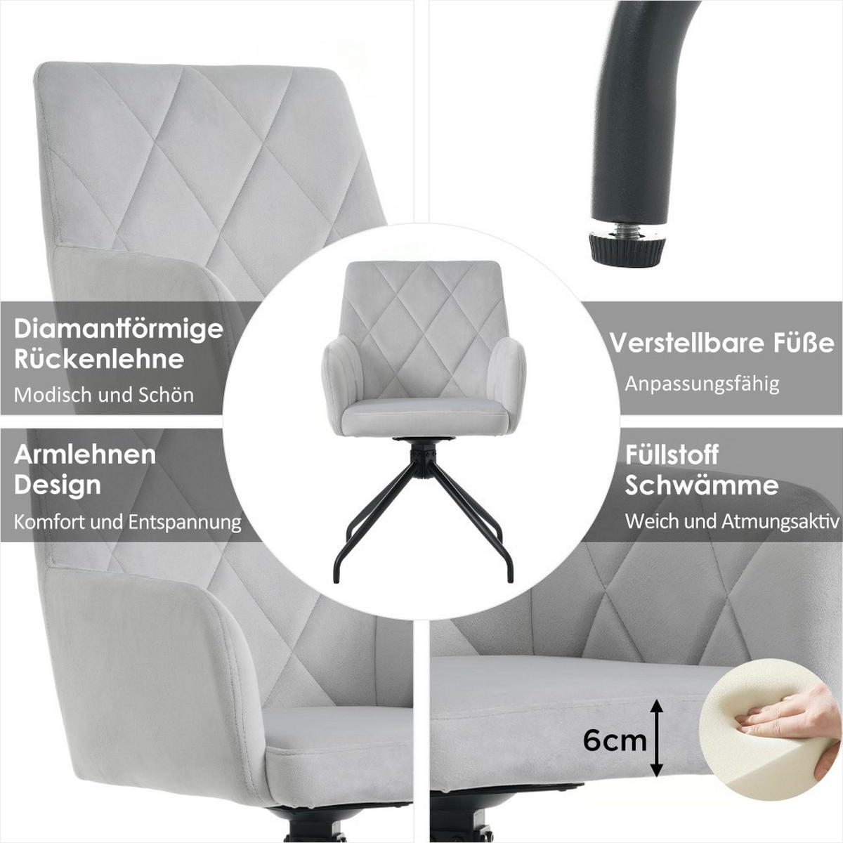 STUHL SET 2 Stück 360° Drehbarer mit Rautenmuster in Grau - Grau, Textil (54/85/60cm) - KOMHTOM