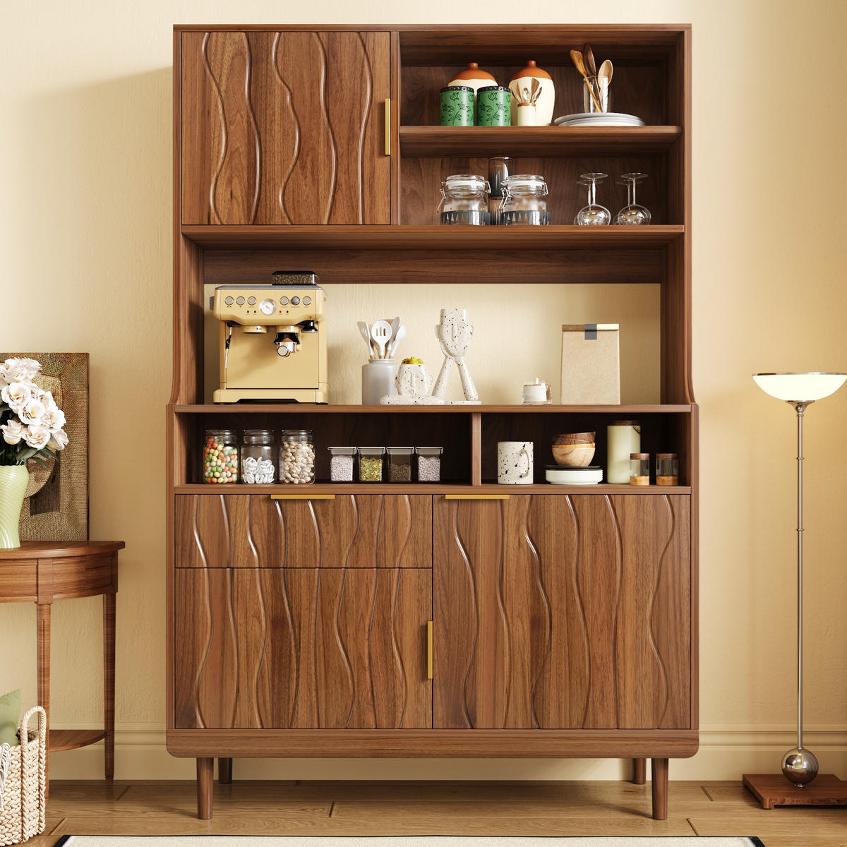 KÜCHENSCHRANK mit Türen, Schublade und offenen Regalen - Walnussfarben, Holzwerkstoff (100/170/32cm) - FLIEKS