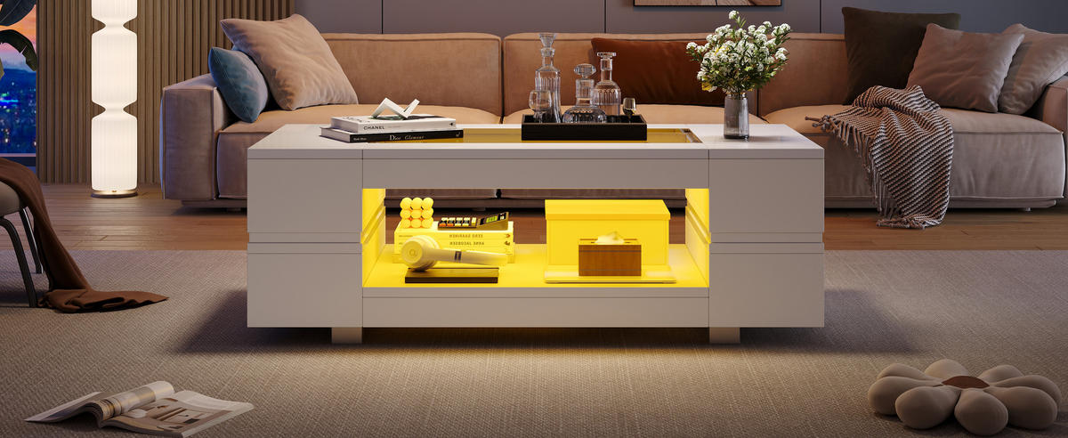 COUCHTISCH Weiß Hochglanz mit LED und Glasablage 100/50/35 cm - Weiß, Holzwerkstoff (50/100/35cm) - PANGIVO