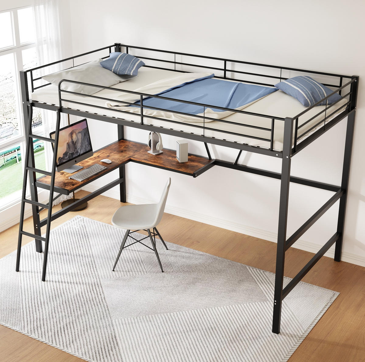 HOCHBETT aus Metall 90x200 cm Schwarz mit L-förmigem Schreibtisch und Regal, platzsparend - Schwarz, Metall (135/190cm) - Modfu