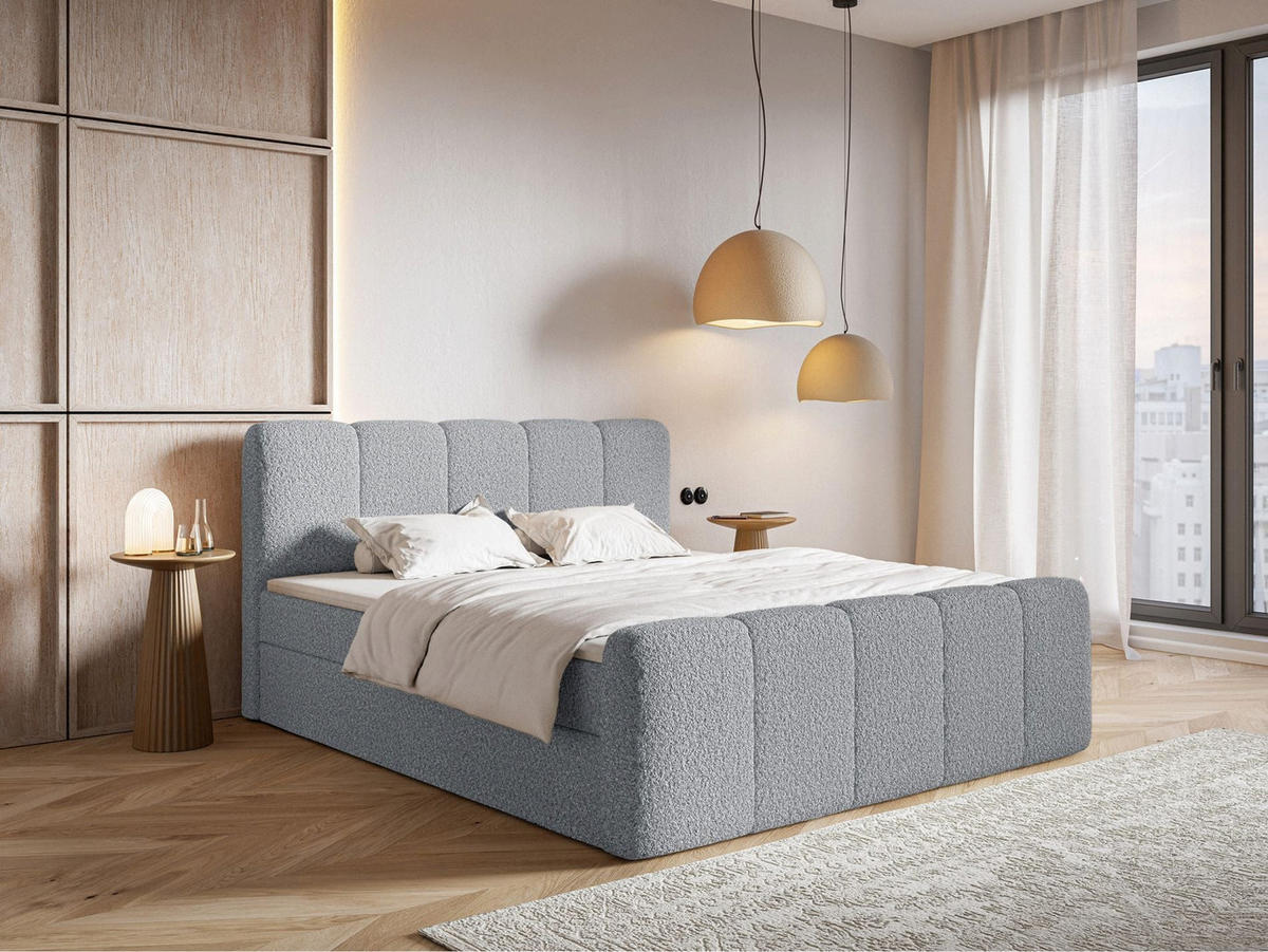 BOXBETT Cloudy II mit Bettkästen und Topper Bouclé Grau, 160x200 cm - Schwarz/Grau, Kunststoff/Textil (160/200cm) - Selsey