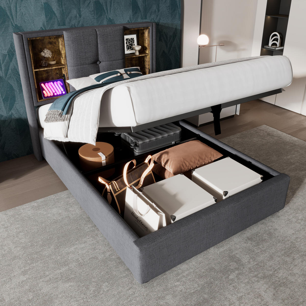 POLSTERBETT mit Stauraum und USB 90x200 cm Baumwolle Grau - Grau, Metall (90/200cm) - Meubliv