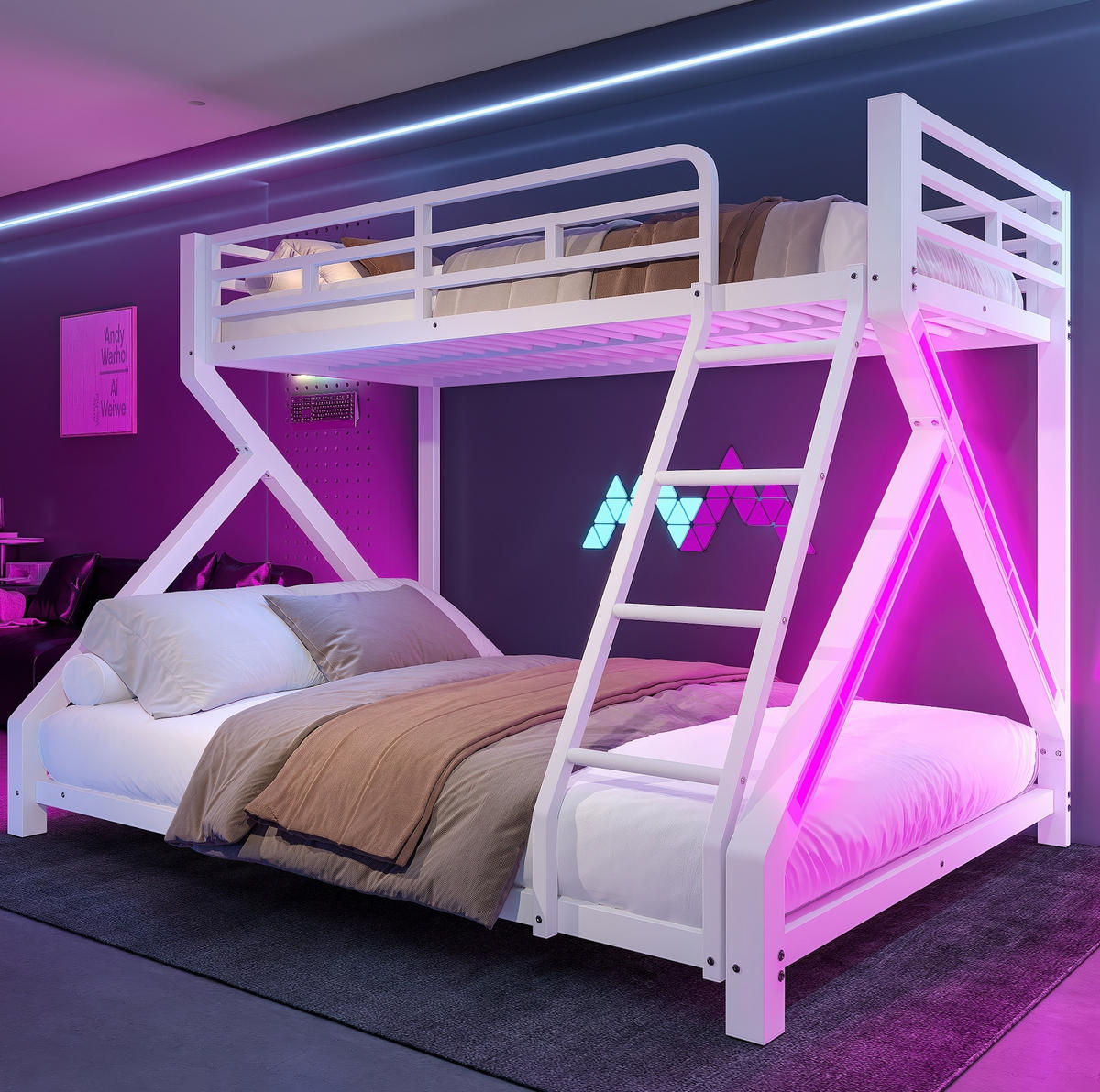 ETAGENBETT 90/200, 140/200 cm aus Metall mit LED-Lichtleiste, Weiß - Weiß, Metall (90/200cm) - OKMYHOME
