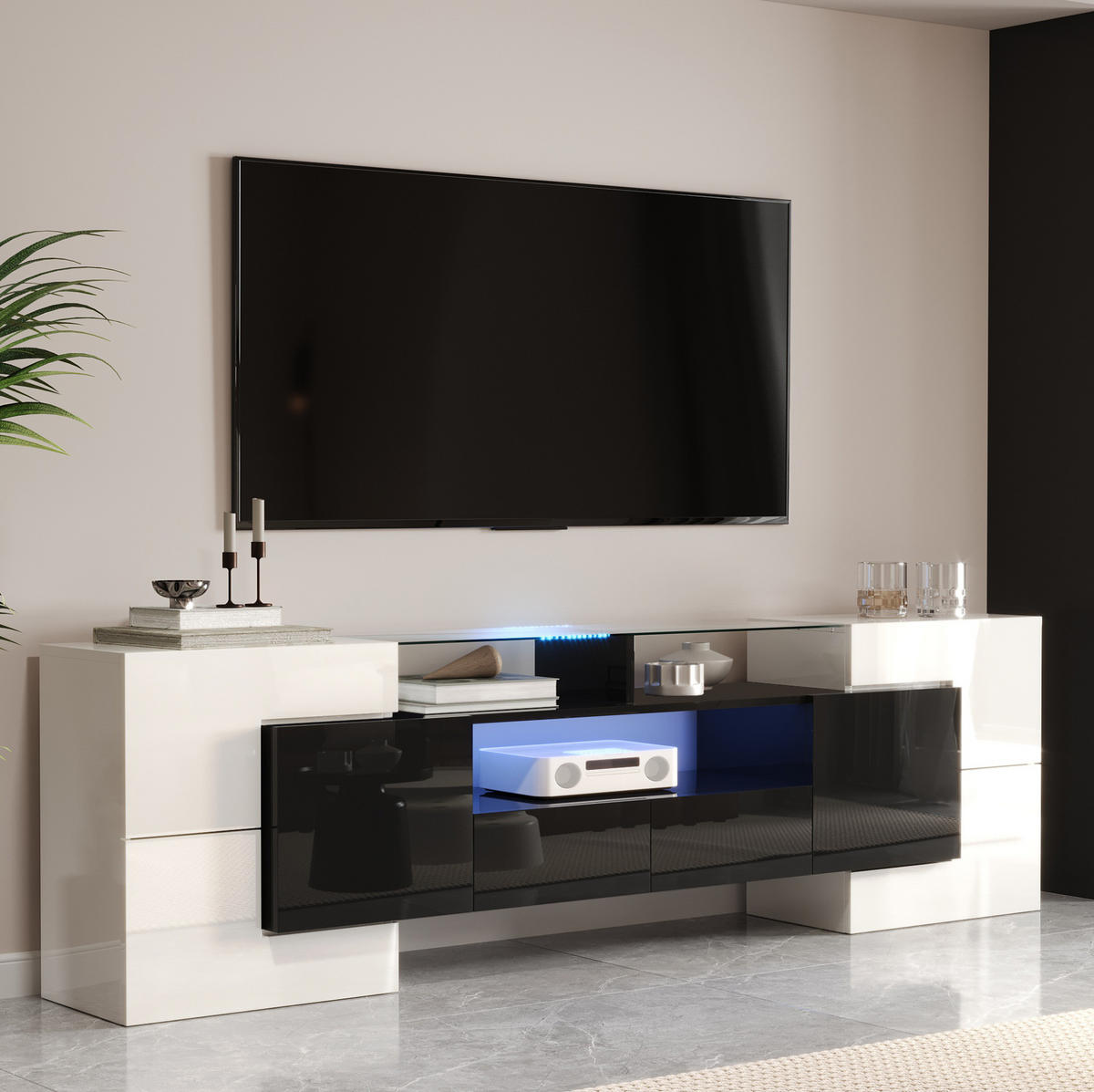 TV-LOWBOARD 200/35/60 cm Weiß/Schwarz aus Spanplatte mit LED - Schwarz, Holzwerkstoff (200/60/35cm) - OKWISH