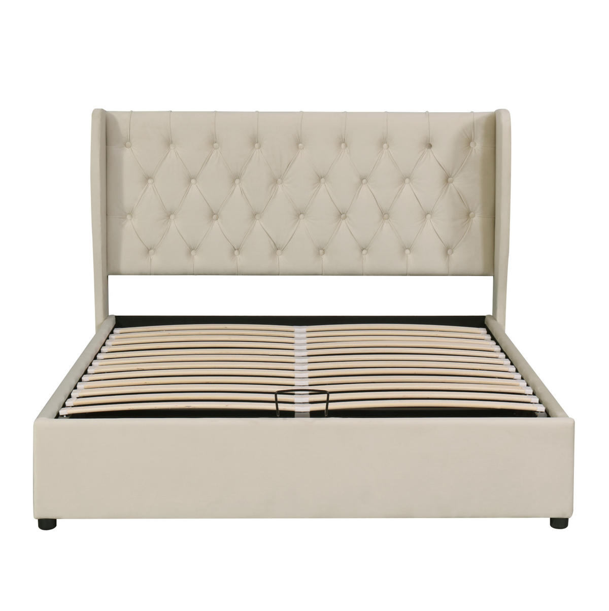 ČALÚNENÁ posteľ z velúru 160x200 cm béžová s hydraulickým úložným priestorom a Chesterfield štýlom - béžová, textil (160/200cm) - Modfu